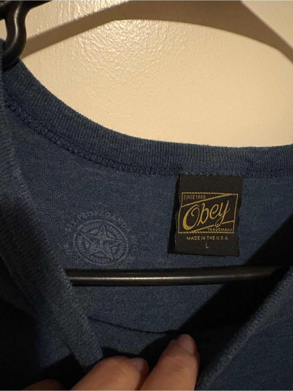 Vintage Obey Urban Renewal Navy Tee with Yellow and Maroon Graphic
